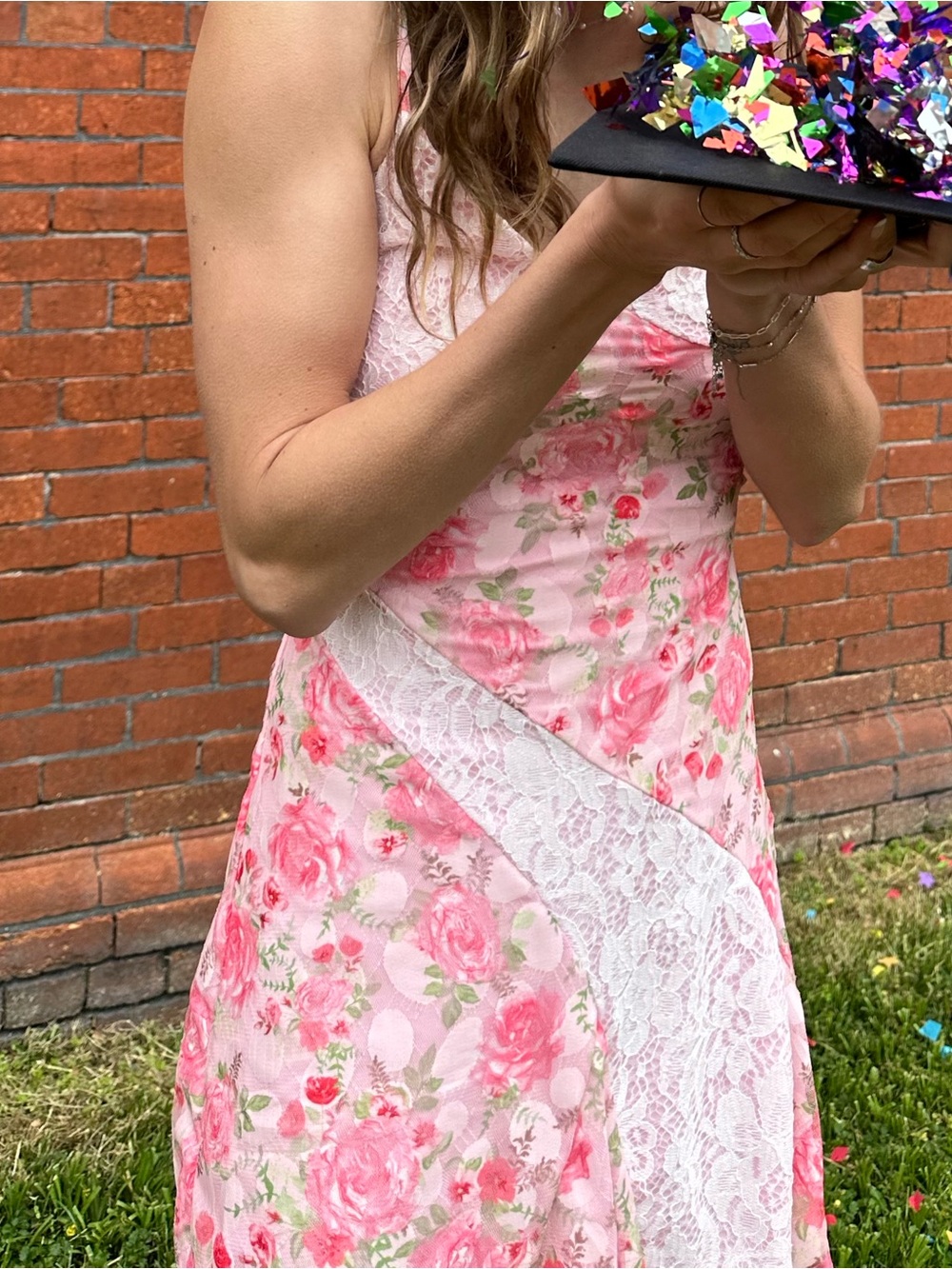 Pink Floral Slip Dress with Lace Panel